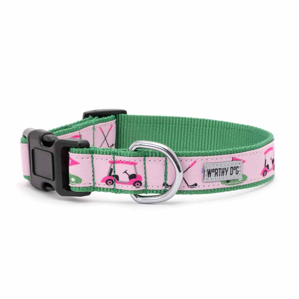 Worthy Dog pink golf themed dog collar on a white background