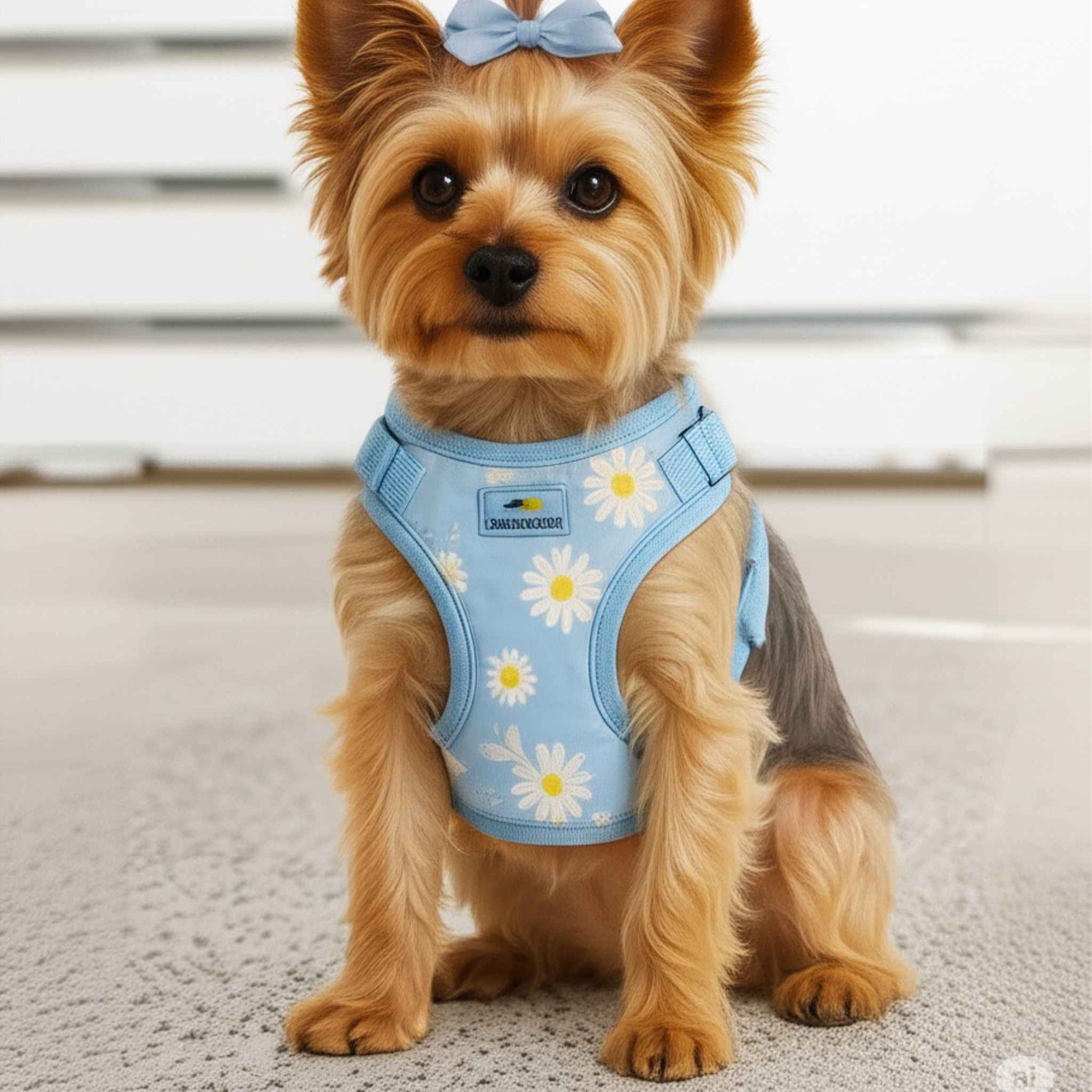 Wrap and Snap Blue Daisy dog harness on a Yorkshire Terrier