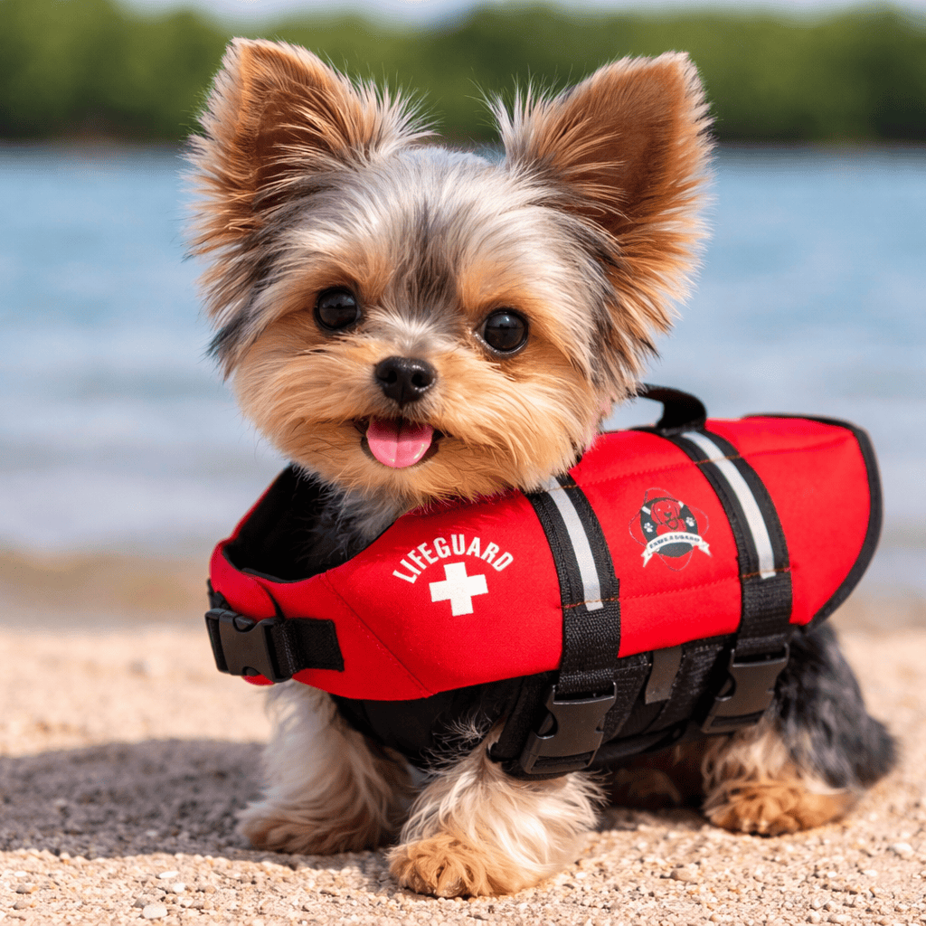 Yorkshire Terrier puppy wearing an XXS Life Jacket. 