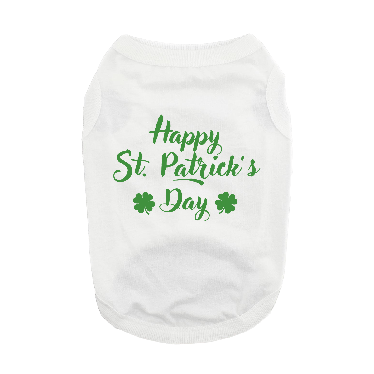 White 100% cotton dog tank top featuring green cursive lettering that says "Happy St. Patrick's Day" with two green shamrocks, designed exclusively for small breeds.