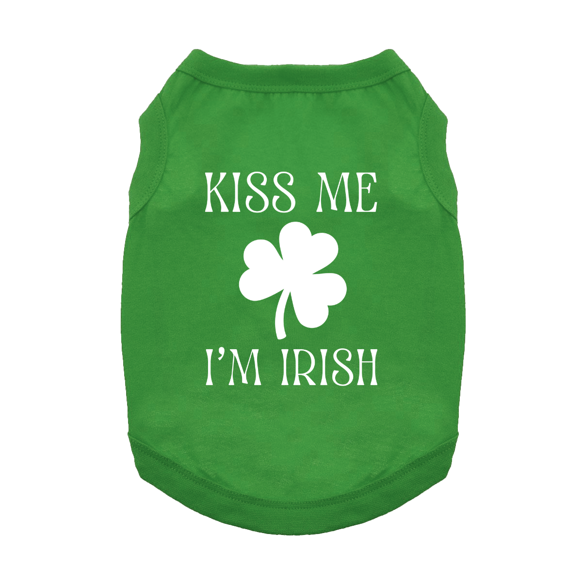 Kelly green 100% cotton sleeveless dog shirt with white text reading "Kiss Me I'm Irish" centered around a white three-leaf clover, made for small dogs.