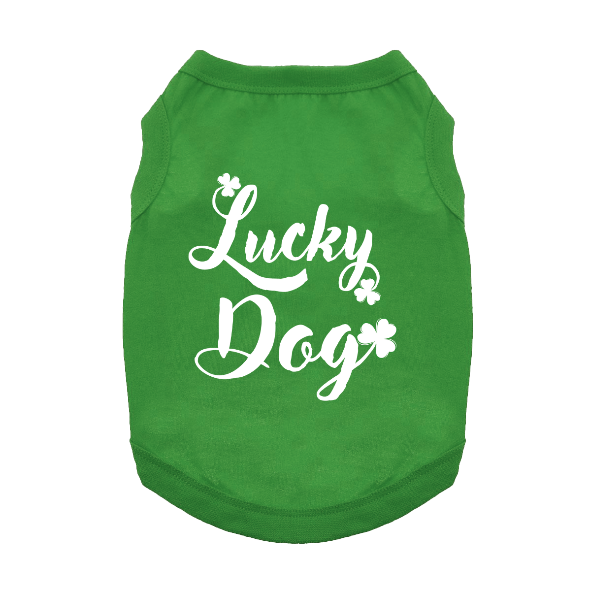 Bright green 100% cotton dog tank top featuring playful white script that reads "Lucky Dog" decorated with small clovers, tailored for small dog breeds.