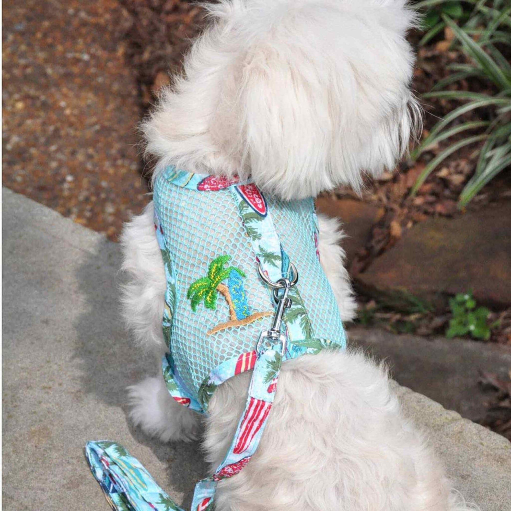 Cool Mesh Dog Harness - Surfboards and Palms on a white dog