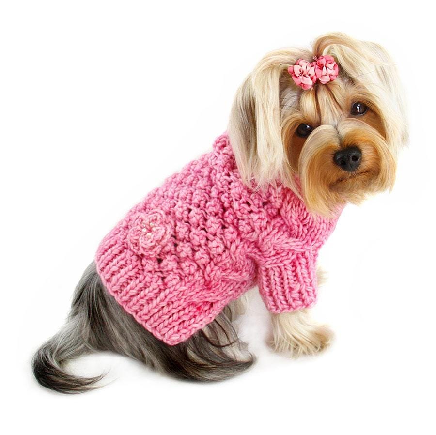 pink turtleneck dog sweater on yorkie