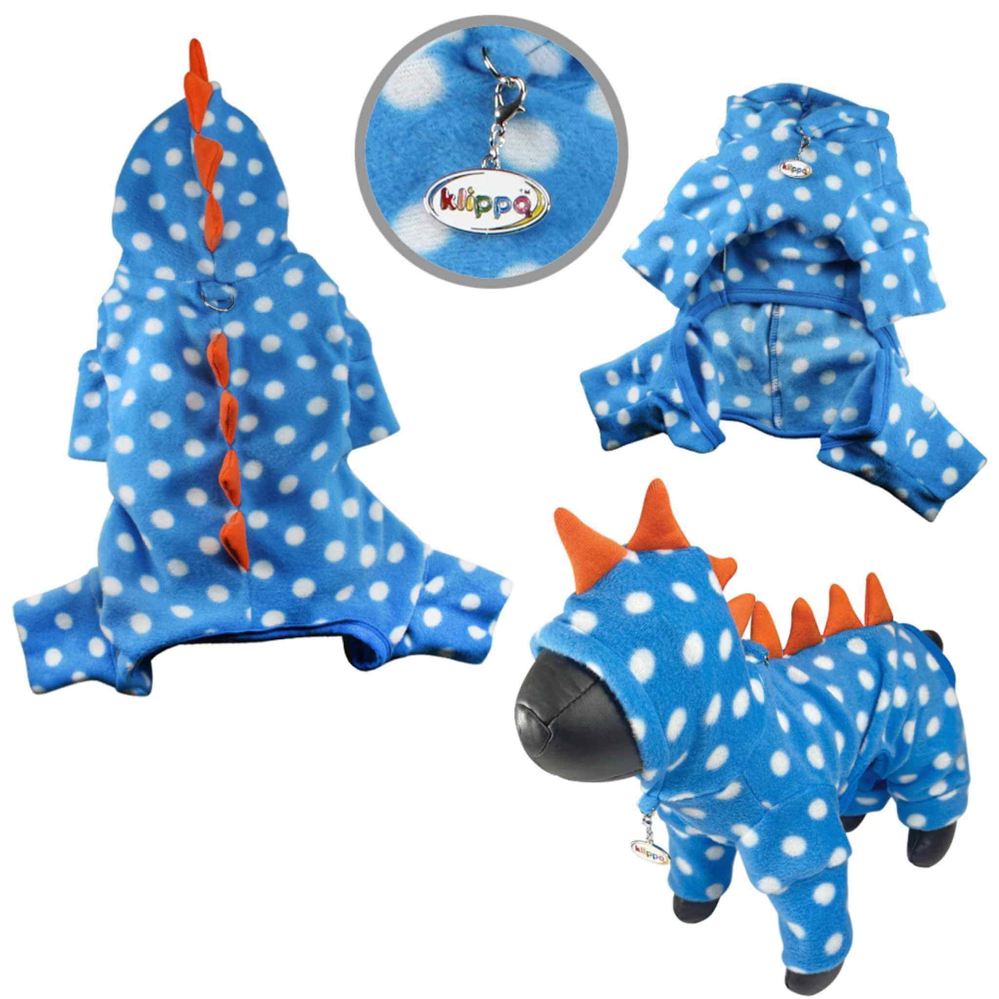 dino dog gear Klippo Polka Dots Dino Fleece Hooded Dog Pajamas