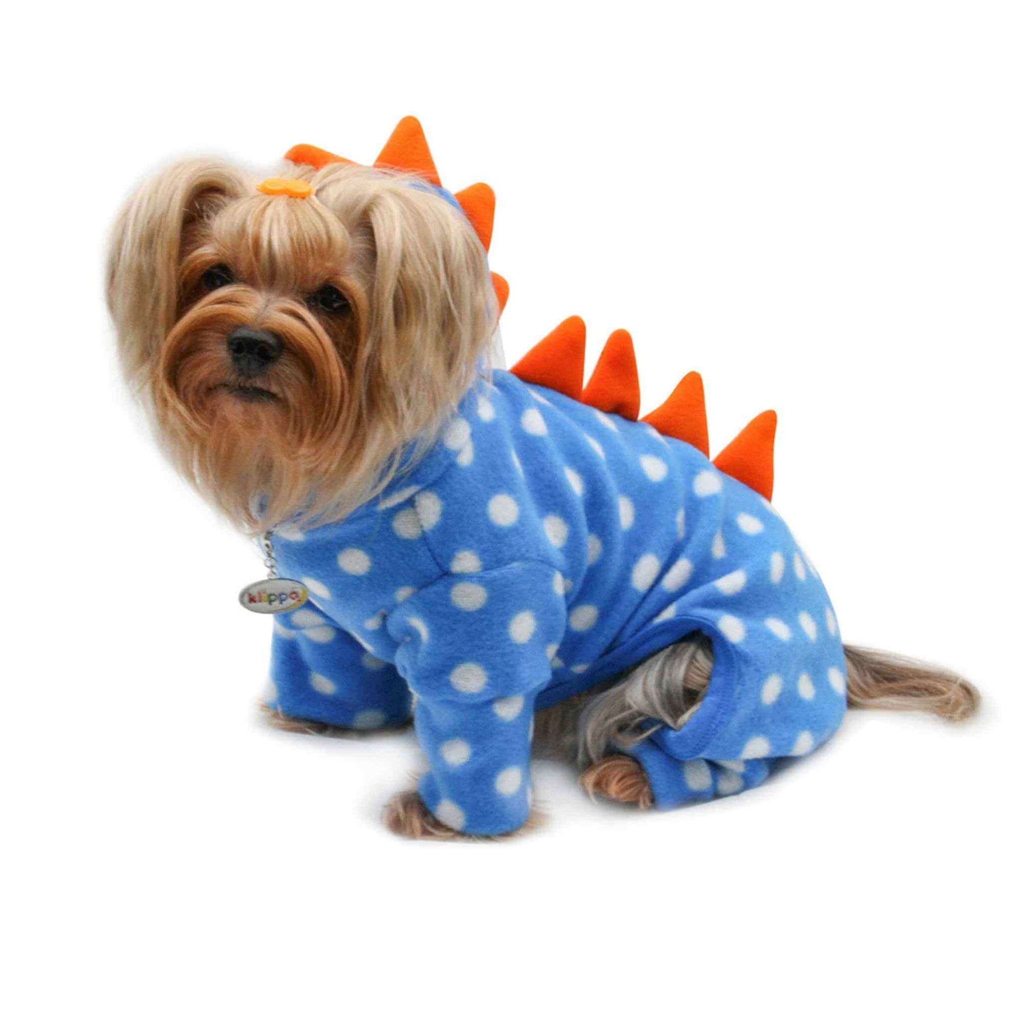 Klippo Polka Dots Dino Fleece Hooded Dog Pajamas on a Yorkie
