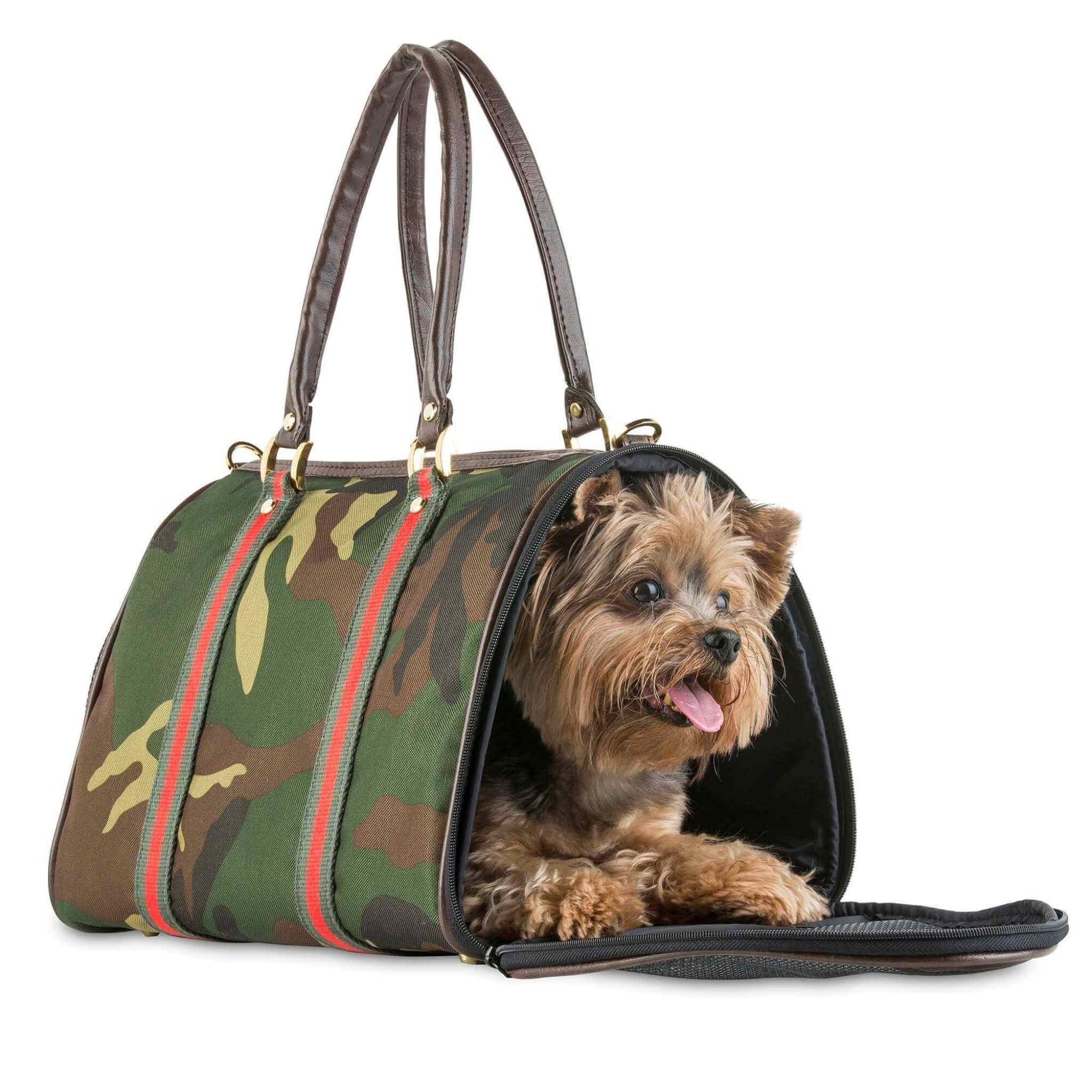 Petote JL Duffel Camo Designer Dog Carrier - with Yorkie inside