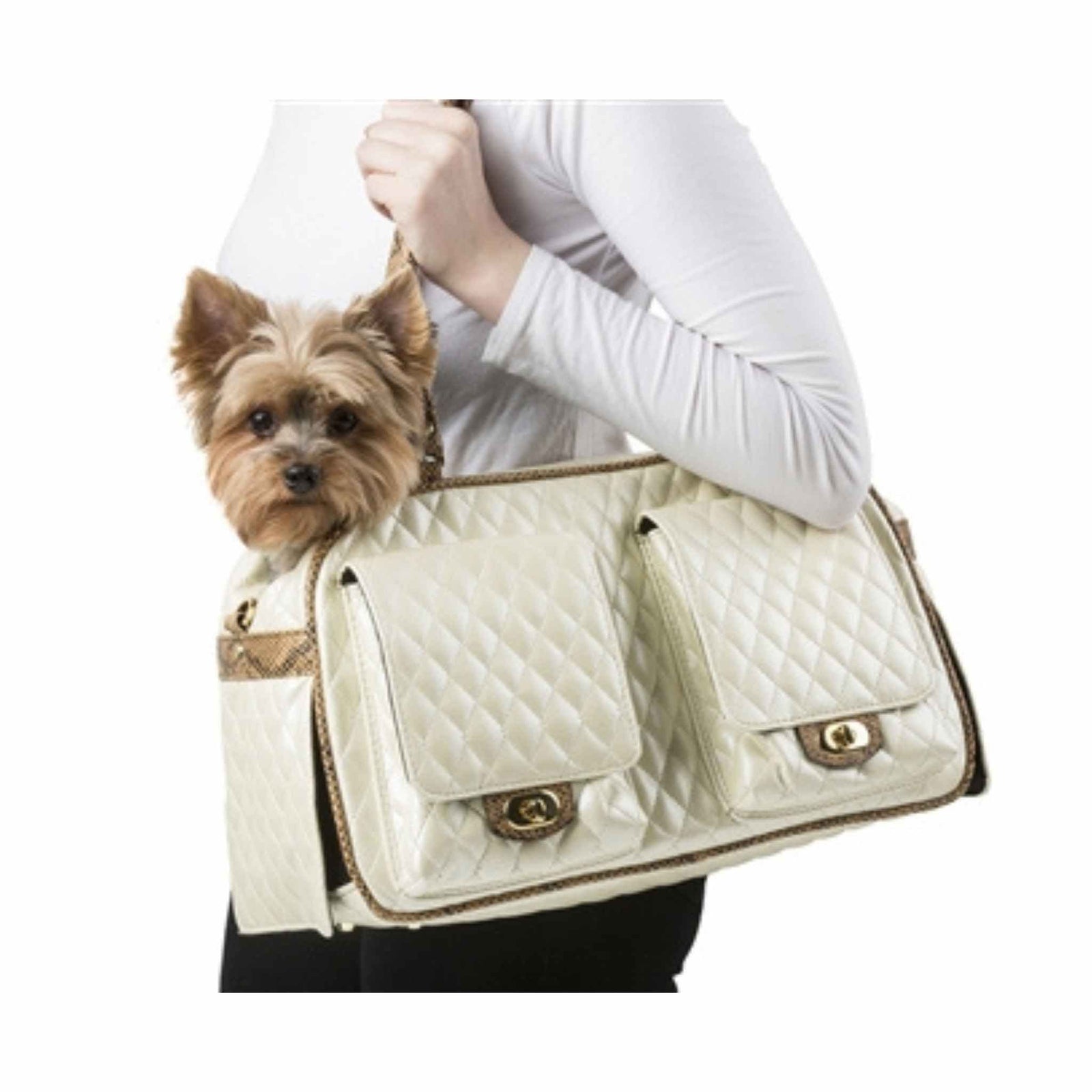 Petote Marlee Designer Dog Purse - Ivory Quilted with a Yorkie