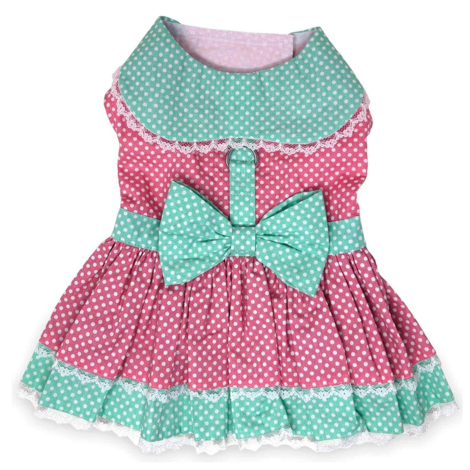 Pink & Teal Polka Dot Lace Dog Dress with Matching Leash