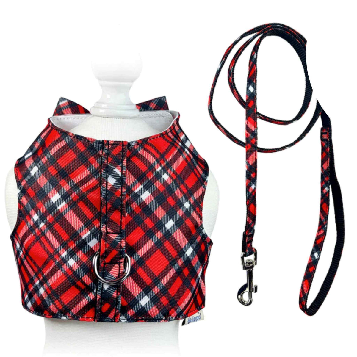 Klippo Red Plaid Small Dog Harness Vest with Matching Leash